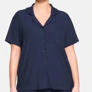 Cocobleu Navy Blue Short Sleeve Button up Blouse Size Large 52% Linen